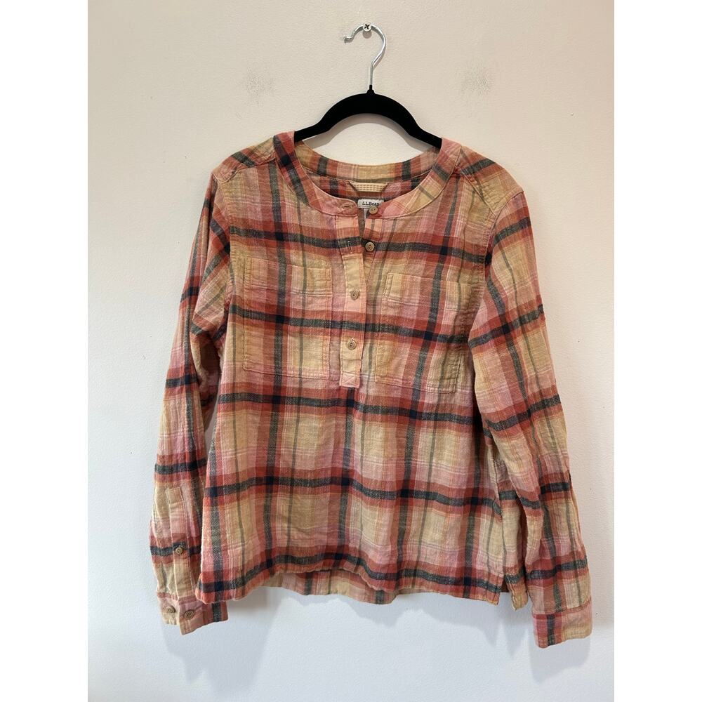 L.L. Bean button down shirt orange plaid womens M lightweight outdoors hiking